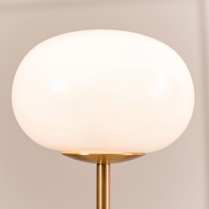 Emmy Rechargeable LED Table Lamp in Antique Brass With Opal Glass Bubble Shade.