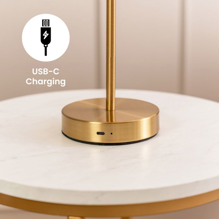 Emmy Rechargeable LED Table Lamp in Antique Brass With Opal Glass Bubble Shade.