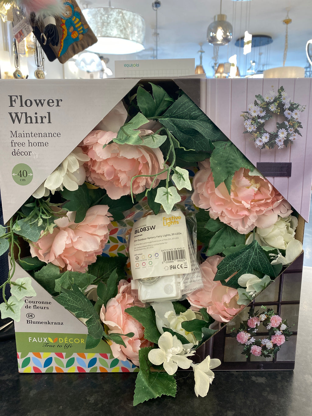 Faux Flower Wreath with outdoor lights