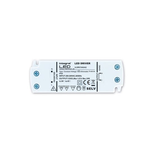 Integral Constant Voltage LED Driver 20W, 12VDC, IP20, NON-DIMM 200-240V INPUT