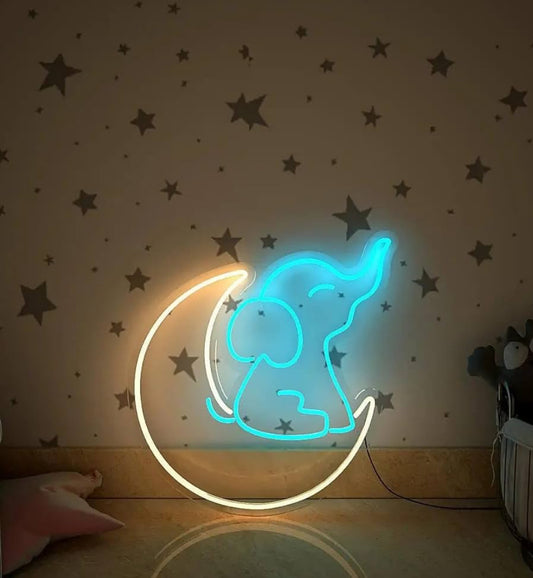 Neon Baby Elephant on the Moon LED