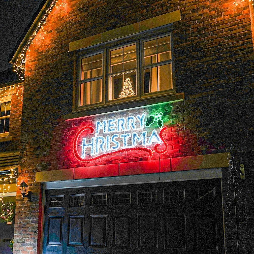 Connect Pro - 2m Outdoor Merry Christmas Tinsel Silhouette, 600 Multi Colour LEDs - Luminosity Designs Ltd