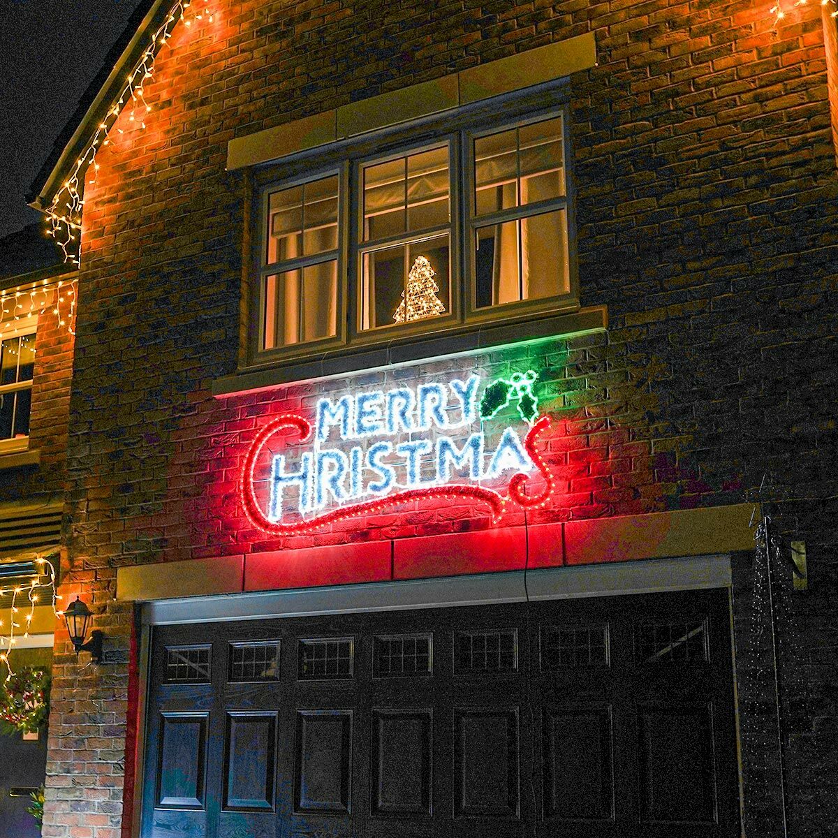 Connect Pro - 2m Outdoor Merry Christmas Tinsel Silhouette, 600 Multi Colour LEDs - Luminosity Designs Ltd