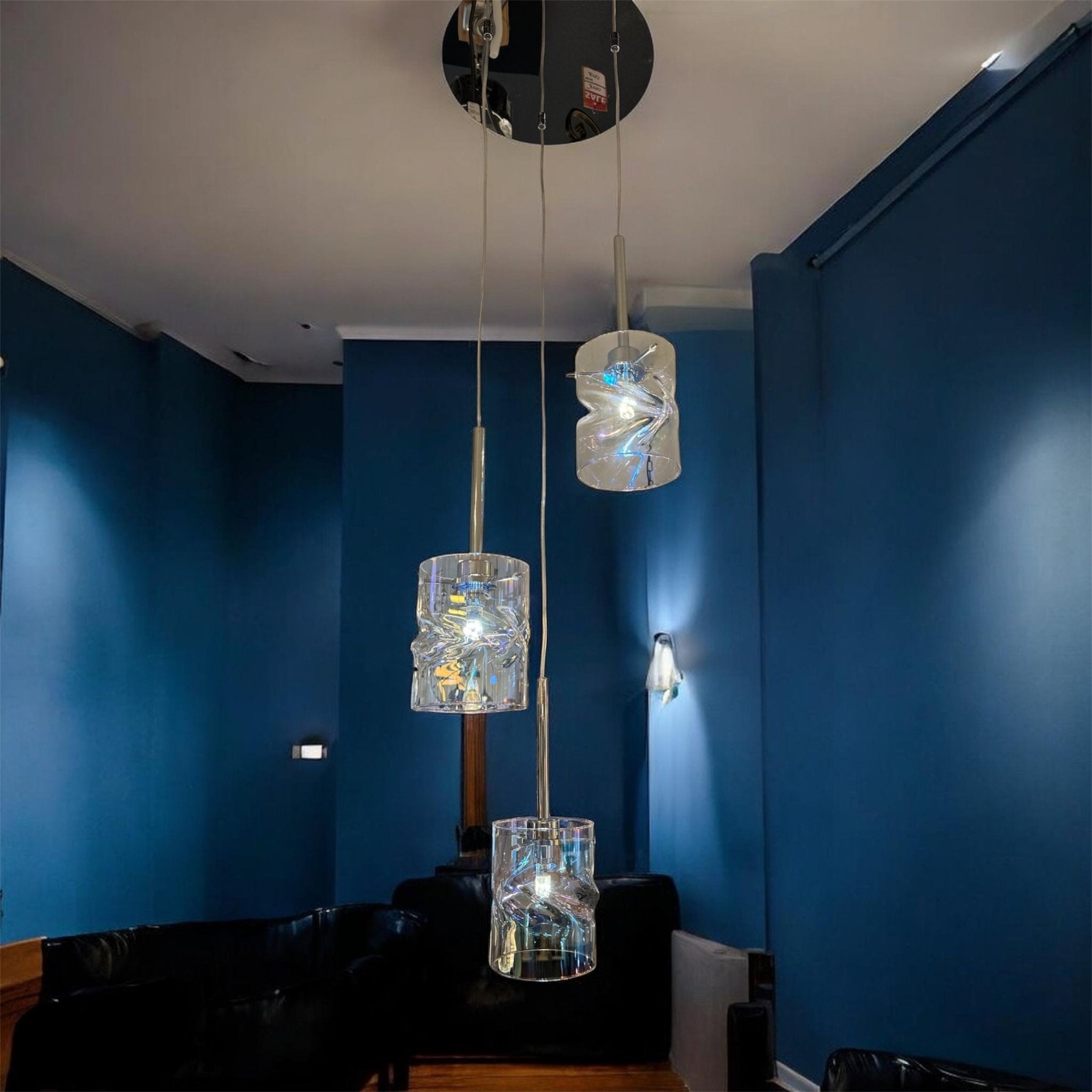 Luminosity Designs - 3 Light Baron Chrome Multi Pendant with Twisted Iridescent Glass - Luminosity Designs Ltd