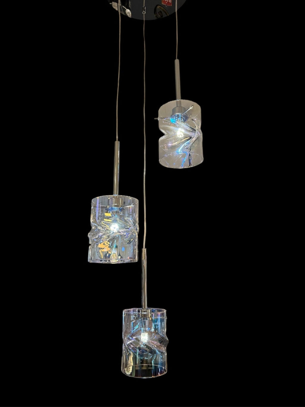 Luminosity Designs - 3 Light Baron Chrome Multi Pendant with Twisted Iridescent Glass - Luminosity Designs Ltd