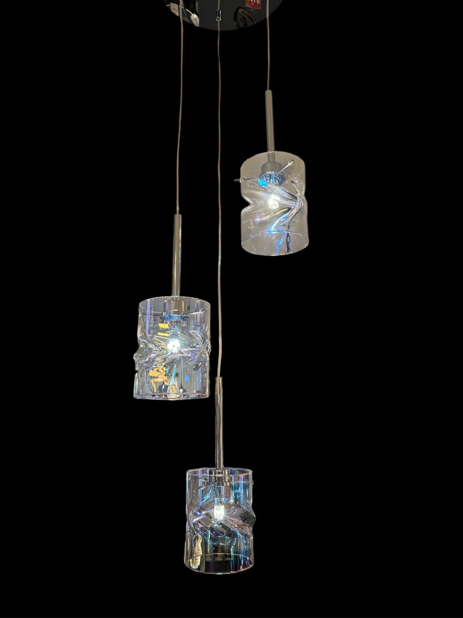 Luminosity Designs - 3 Light Baron Chrome Multi Pendant with Twisted Iridescent Glass - Luminosity Designs Ltd