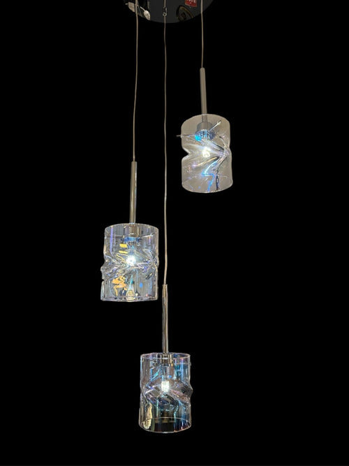 Luminosity Designs - 3 Light Baron Chrome Multi Pendant with Twisted Iridescent Glass - Luminosity Designs Ltd