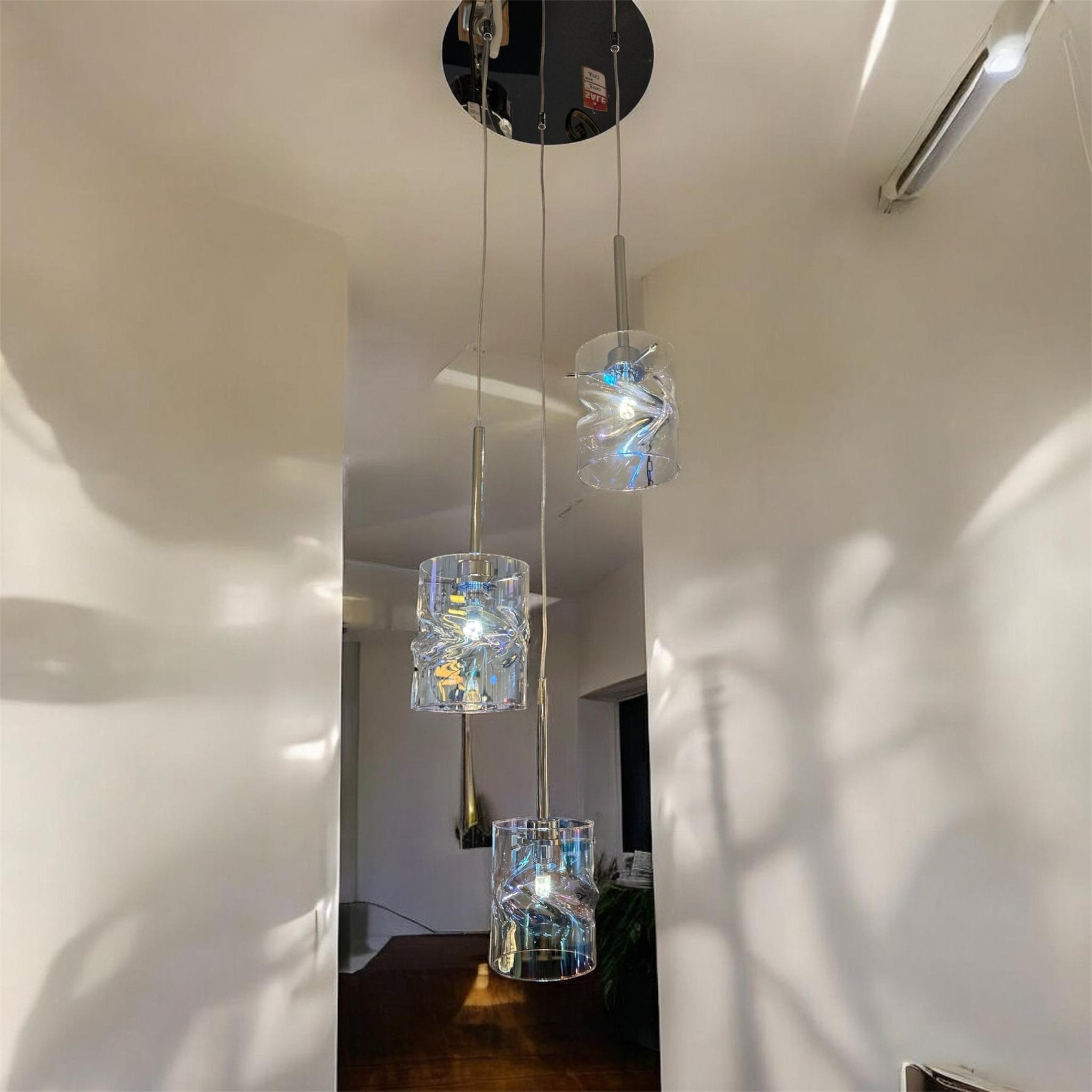 Luminosity Designs - 3 Light Baron Chrome Multi Pendant with Twisted Iridescent Glass - Luminosity Designs Ltd