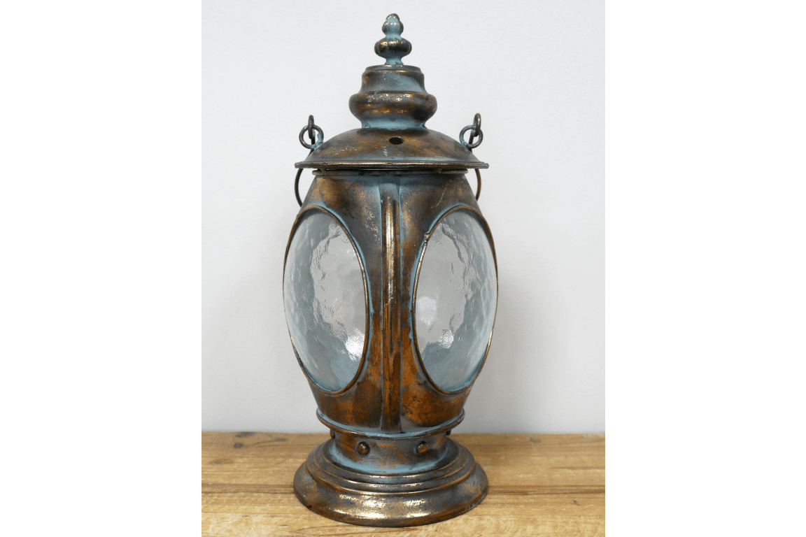 Luminosity Designs - 3 Window Antique Style Candle Lantern with Aged Patina and Dimpled Glass - Luminosity Designs Ltd