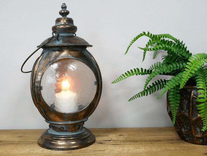 Luminosity Designs - 3 Window Antique Style Candle Lantern with Aged Patina and Dimpled Glass - Luminosity Designs Ltd
