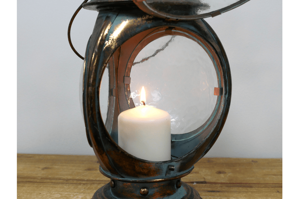 Luminosity Designs - 3 Window Antique Style Candle Lantern with Aged Patina and Dimpled Glass - Luminosity Designs Ltd