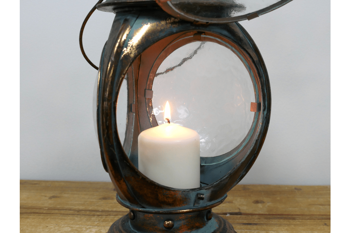 Luminosity Designs - 3 Window Antique Style Candle Lantern with Aged Patina and Dimpled Glass - Luminosity Designs Ltd