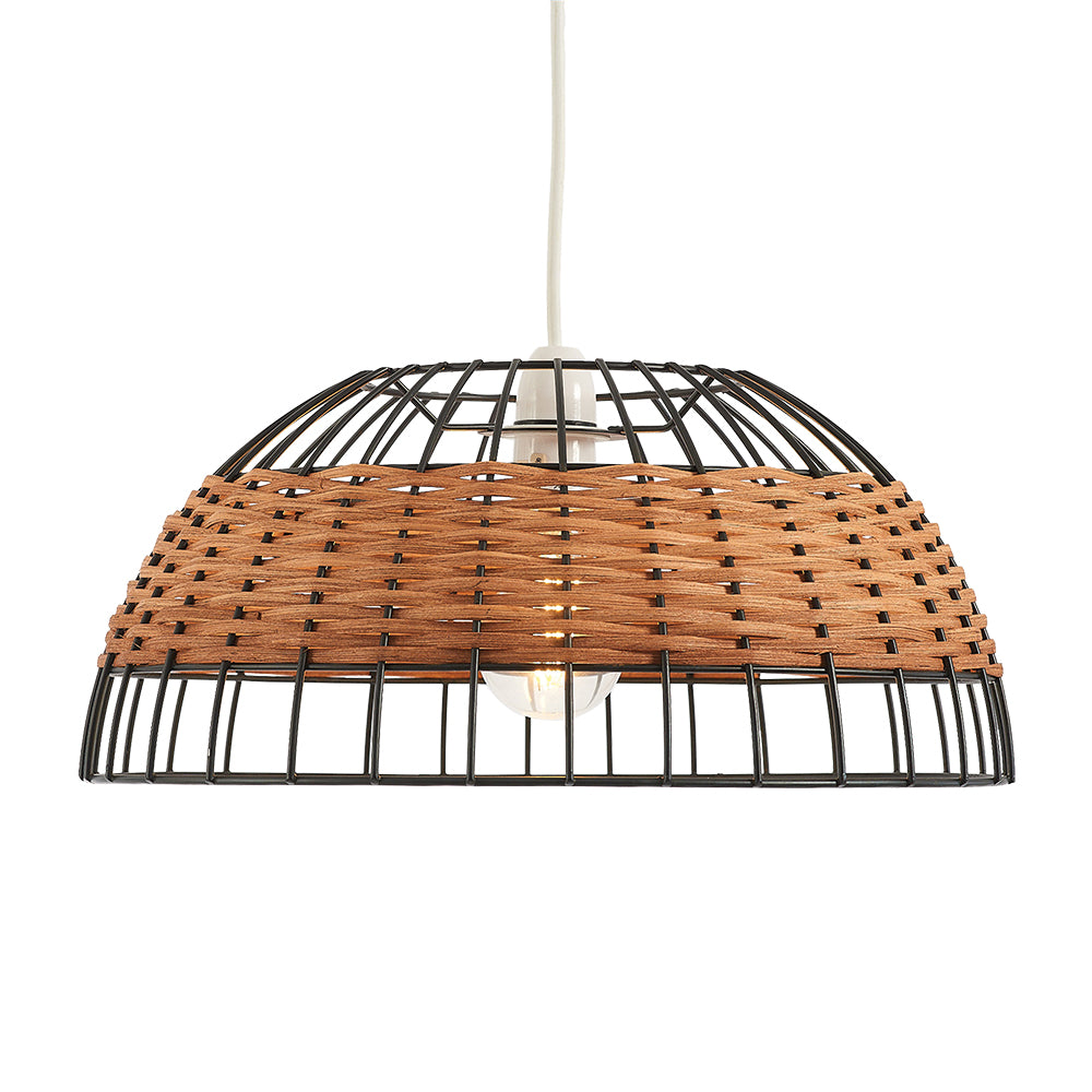 Belfort Medium Non Electric Pendant Shade in Matt Black Metalwork With Rattan Detailing