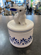 White Glazed Rabbit Trinket Box with Blue Painted Details