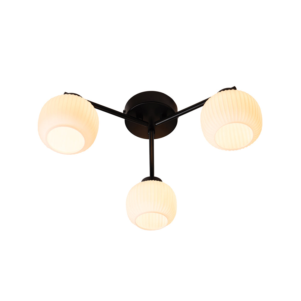 Hadden Hadden 3 Light Semi Flush Black Framework and Opal Ribbed Glass, 3x G9 Bulbs