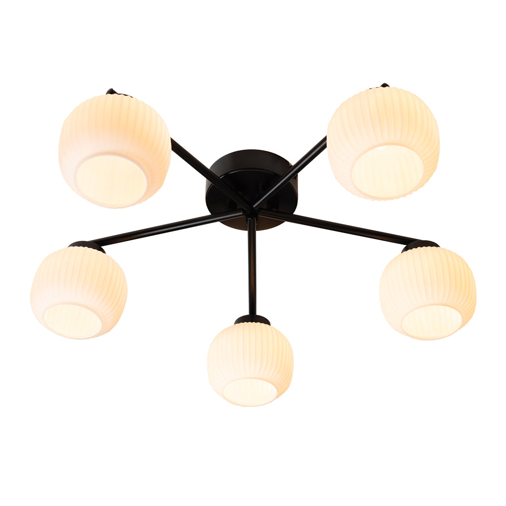 Hadden Hadden 5 Light Semi Flush Black Framework and Opal Ribbed Glass, 5x G9 Bulbs