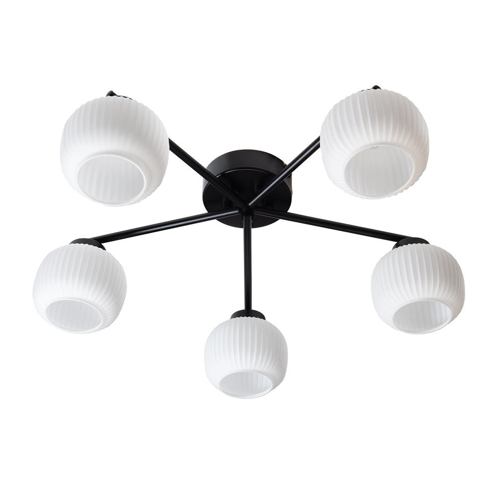 Hadden Hadden 5 Light Semi Flush Black Framework and Opal Ribbed Glass, 5x G9 Bulbs