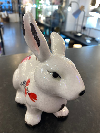 White Glazed Bunny Rabbit with painted flowers