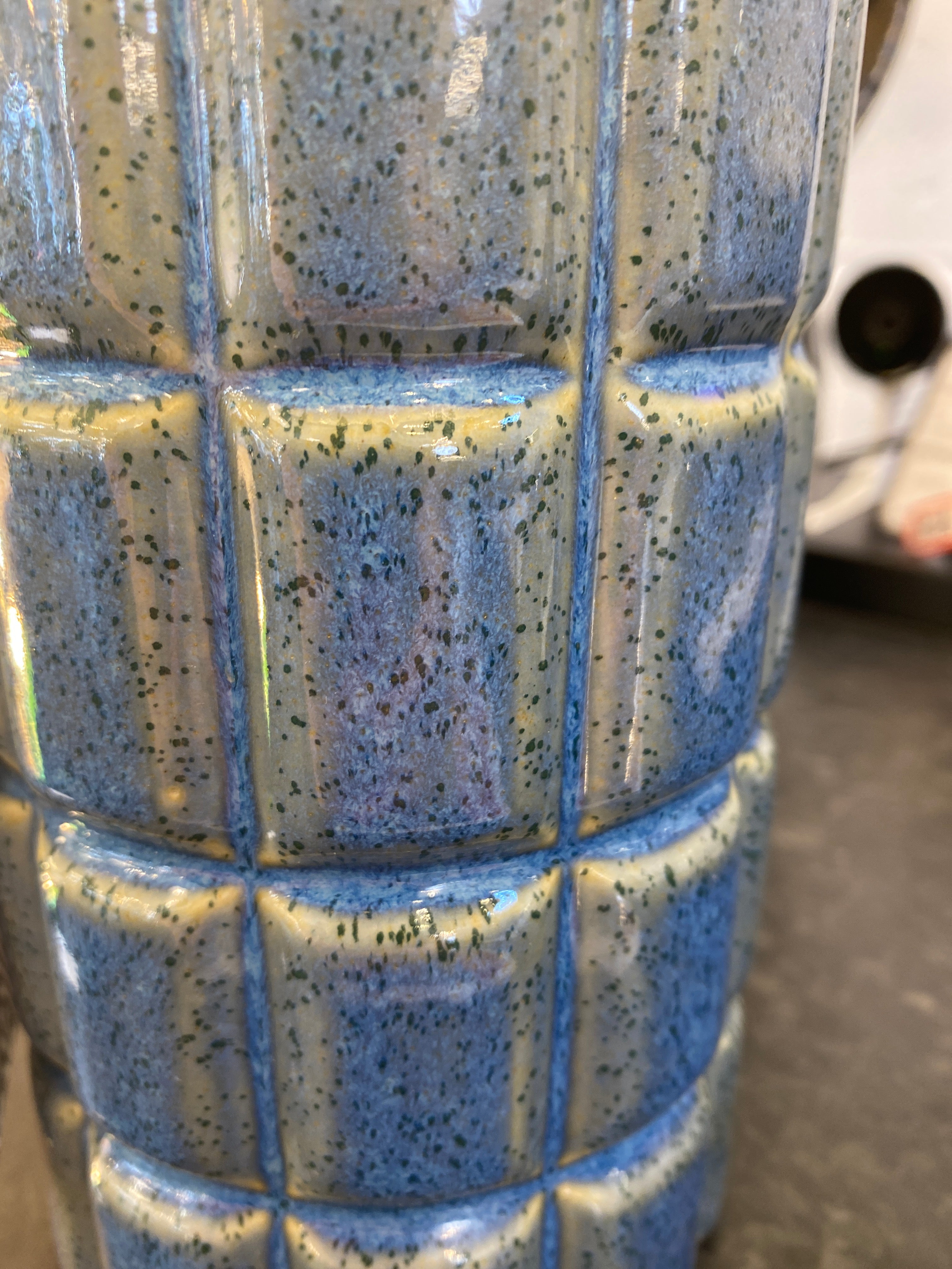 Blue Glazed Ceramic Table Lamp with Matching Linen Shade, 1 x E14