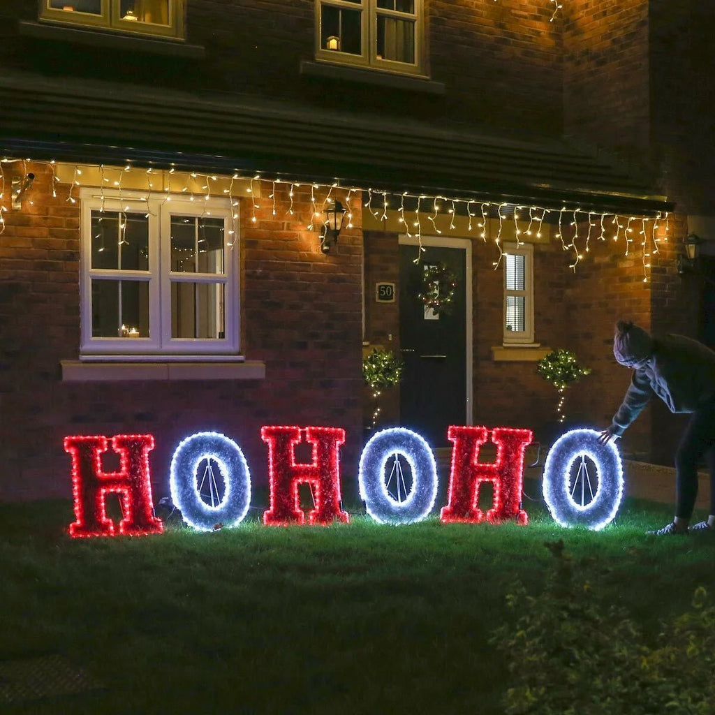 Connect Pro - 3m Outdoor HOHOHO Christmas Tinsel Silhouette, Red and White LEDs - Luminosity Designs Ltd