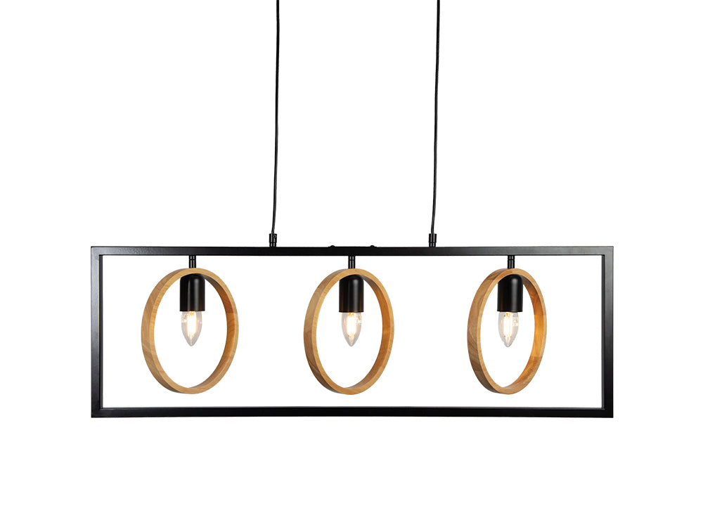 Finley Geometric 3 Light Pendant Bar With Black Framework and Wooden Detailing, 3x E27
