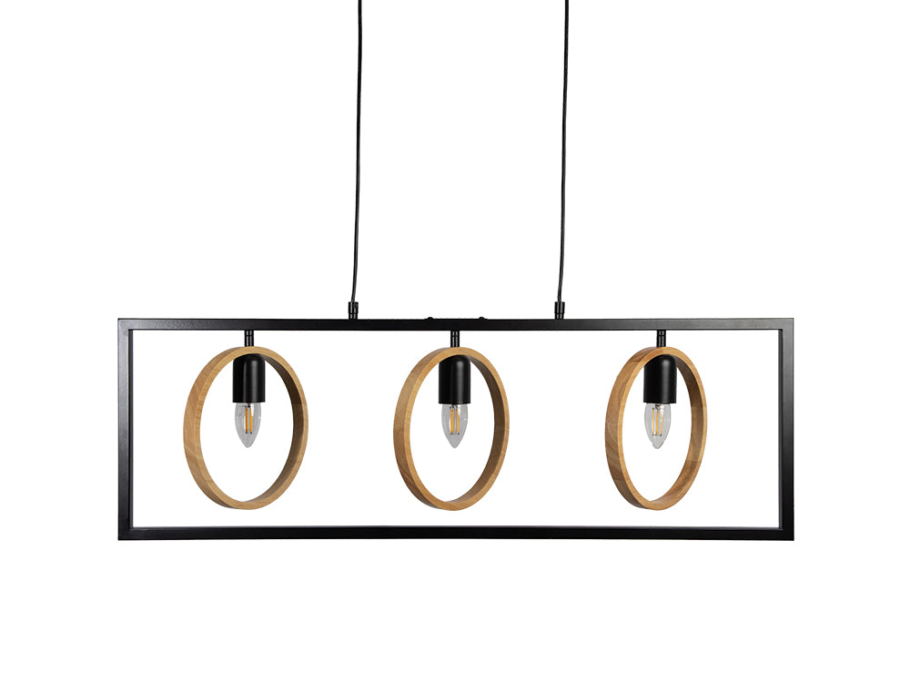 Finley Geometric 3 Light Pendant Bar With Black Framework and Wooden Detailing, 3x E27