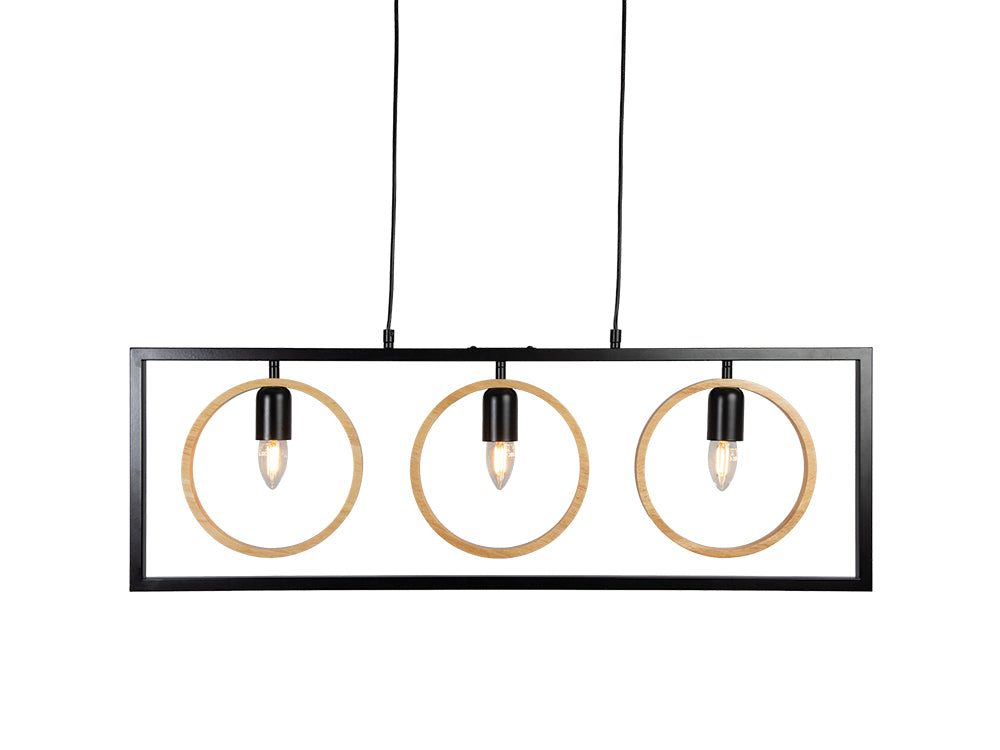 Finley Geometric 3 Light Pendant Bar With Black Framework and Wooden Detailing, 3x E27