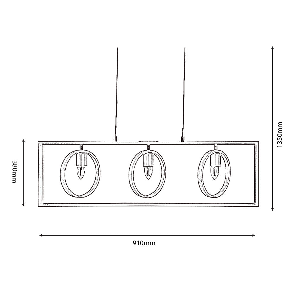 Finley Geometric 3 Light Pendant Bar With Black Framework and Wooden Detailing, 3x E27