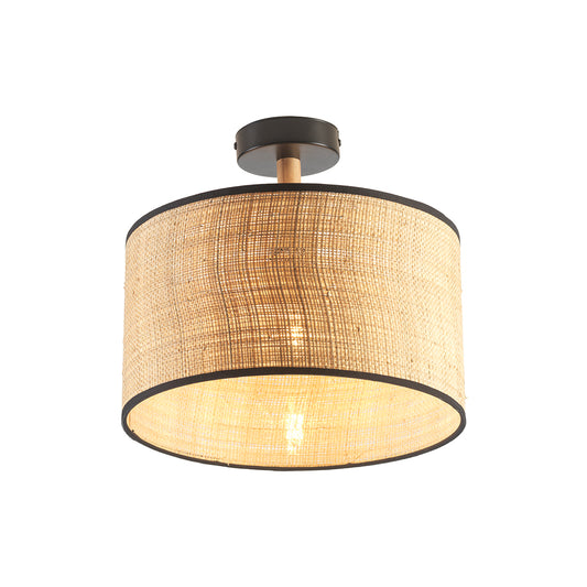 Havelock Rustic Style Straw Weave Semi Flush Ceiling Light with Matt Black Detail