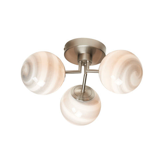 Grafton 3 Light Semi Flush Ceiling Fitting in Antique Chrome with Grey Marbled Glass