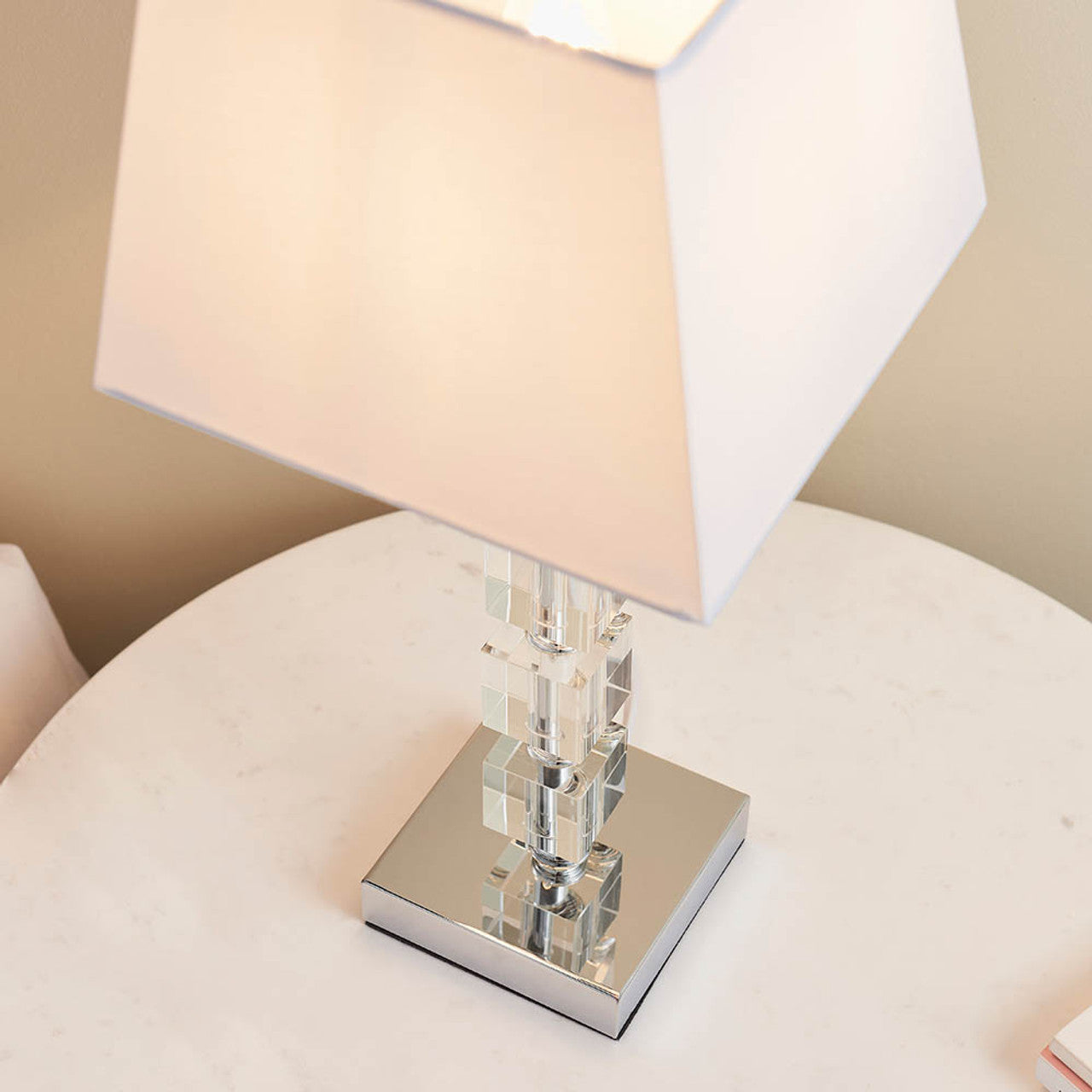 Endon Murford Polished Chrome and Acrylic Table Lamp Complete with White Cotton Shade, 1x E14 (96940-TLCH)