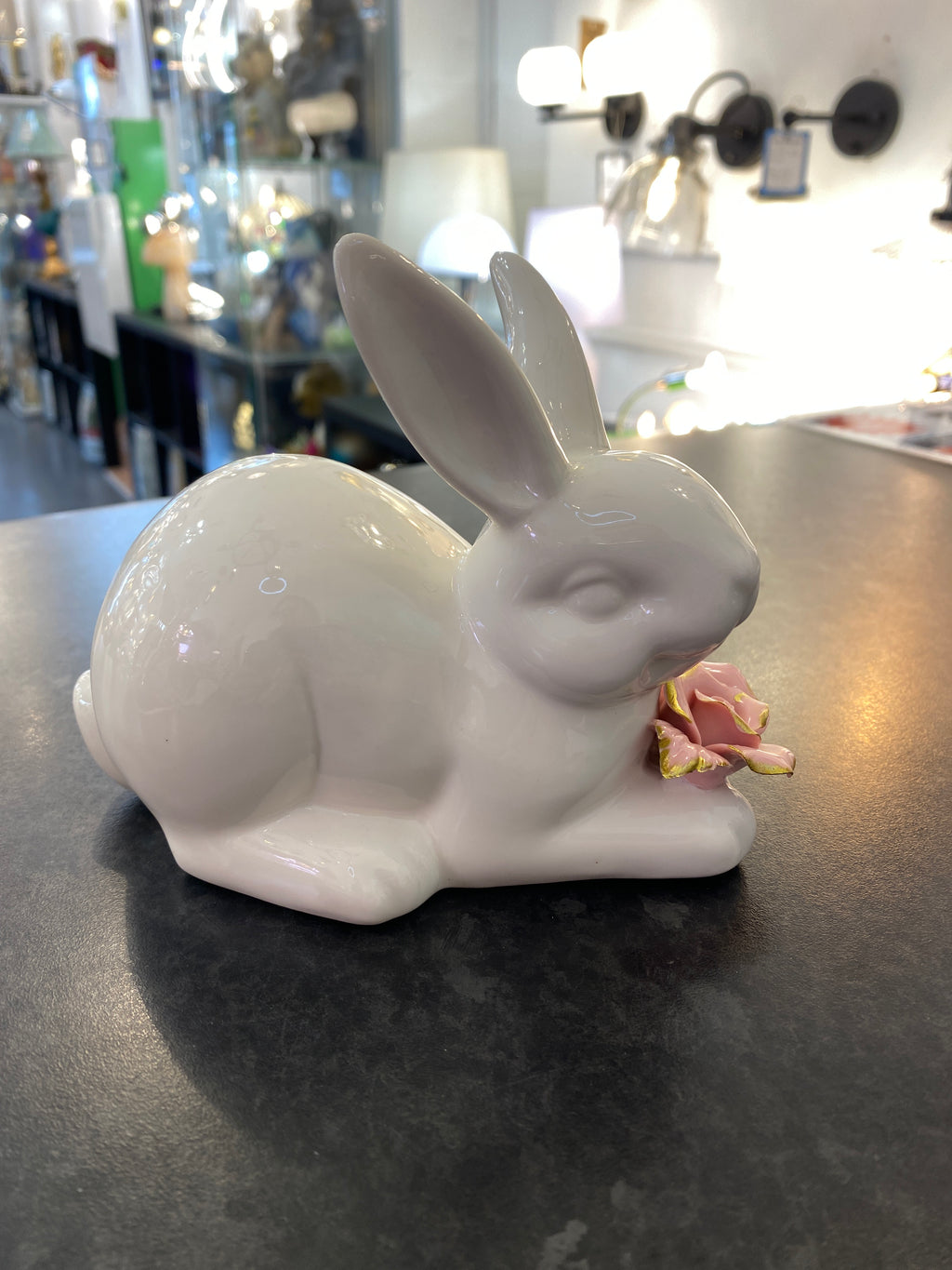 White Glazed Rabbit with Pink Gilt Rose