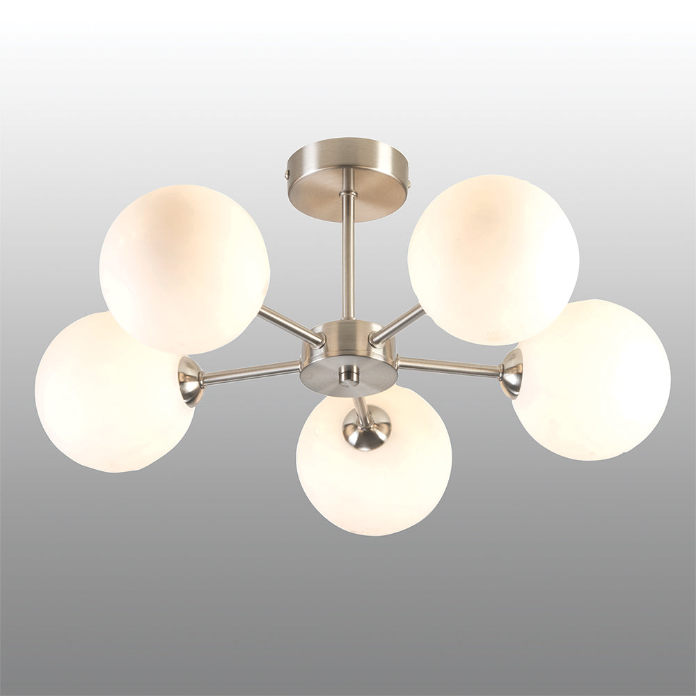 Flaxton 5 Light Semi Flush Ceiling Fitting in Satin Nickel with Opal Glass