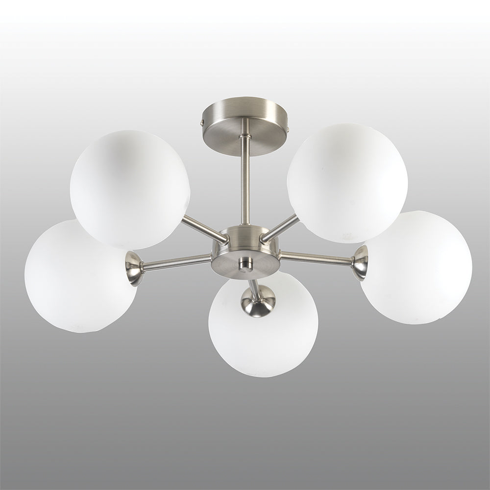 Flaxton 5 Light Semi Flush Ceiling Fitting in Satin Nickel with Opal Glass