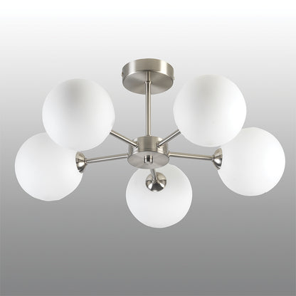 Flaxton 5 Light Semi Flush Ceiling Fitting in Satin Nickel with Opal Glass