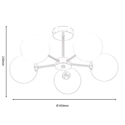 Flaxton 5 Light Semi Flush Ceiling Fitting in Satin Nickel with Opal Glass