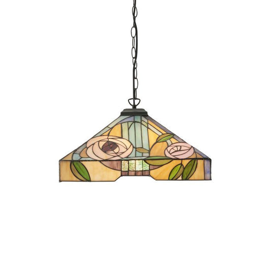 Large Tiffany Willow 3 Light E27 Pendant in Tiffany Glass & Dark Bronze Finish With Highlights (64384)