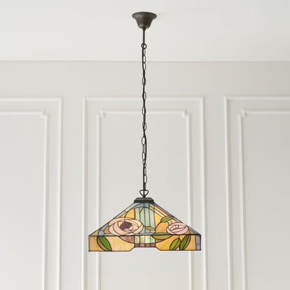 Large Tiffany Willow 3 Light E27 Pendant in Tiffany Glass & Dark Bronze Finish With Highlights (64384)