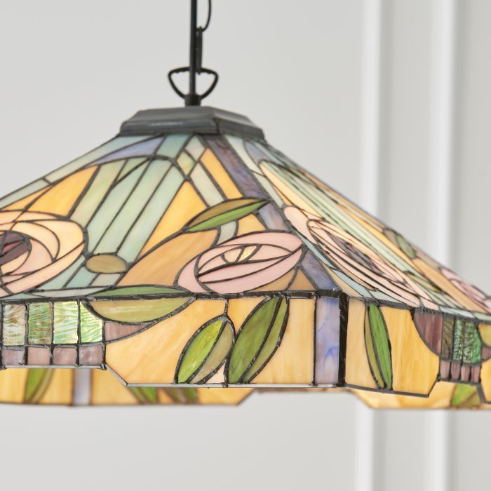 Large Tiffany Willow 3 Light E27 Pendant in Tiffany Glass & Dark Bronze Finish With Highlights (64384)