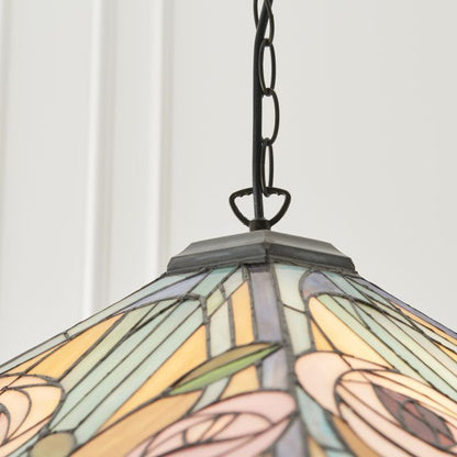 Large Tiffany Willow 3 Light E27 Pendant in Tiffany Glass & Dark Bronze Finish With Highlights (64384)