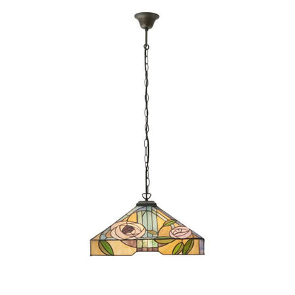 Large Tiffany Willow 3 Light E27 Pendant in Tiffany Glass & Dark Bronze Finish With Highlights (64384)