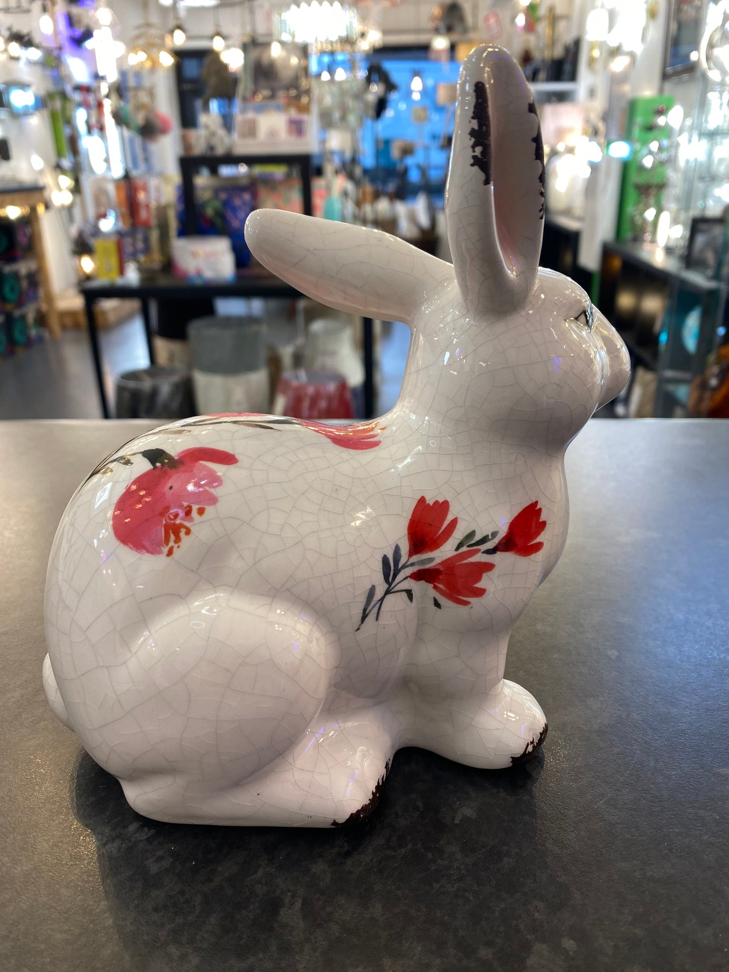 White Glazed Bunny Rabbit with painted flowers