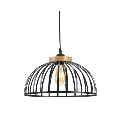 Pori Large Non Electric Pendant Shade in Matt Black Metalwork With Wood Effect Detailing (Oaks 6802)