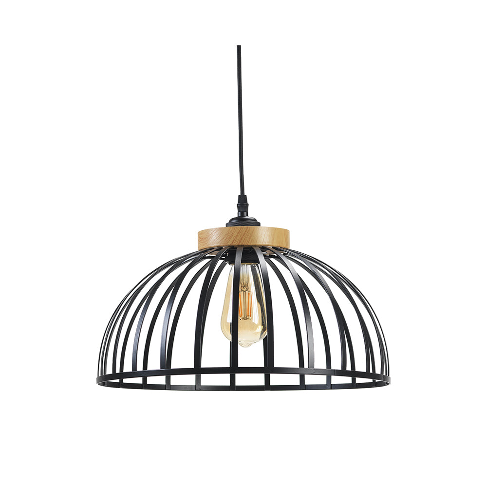 Pori Large Non Electric Pendant Shade in Matt Black Metalwork With Wood Effect Detailing (Oaks 6802)