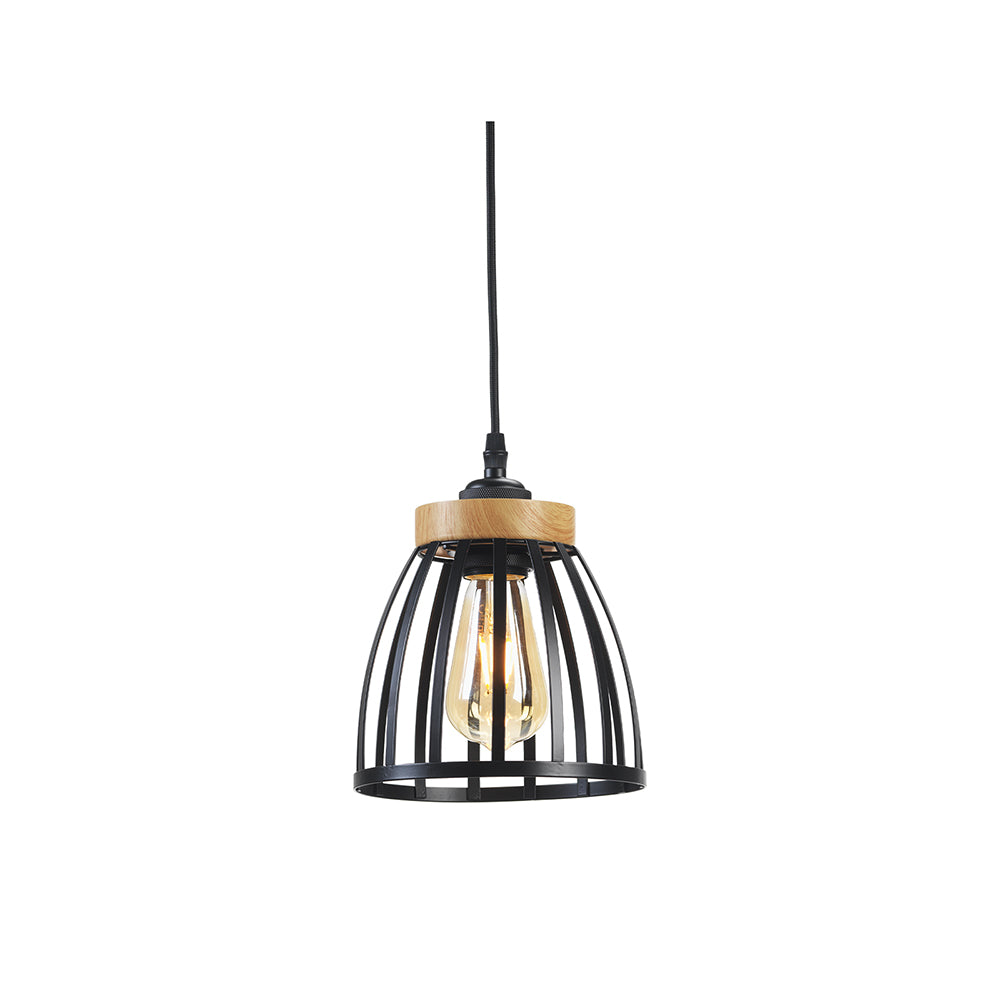Pori Small Non Electric Pendant Shade in Matt Black Metalwork With Wood Effect Detailing
