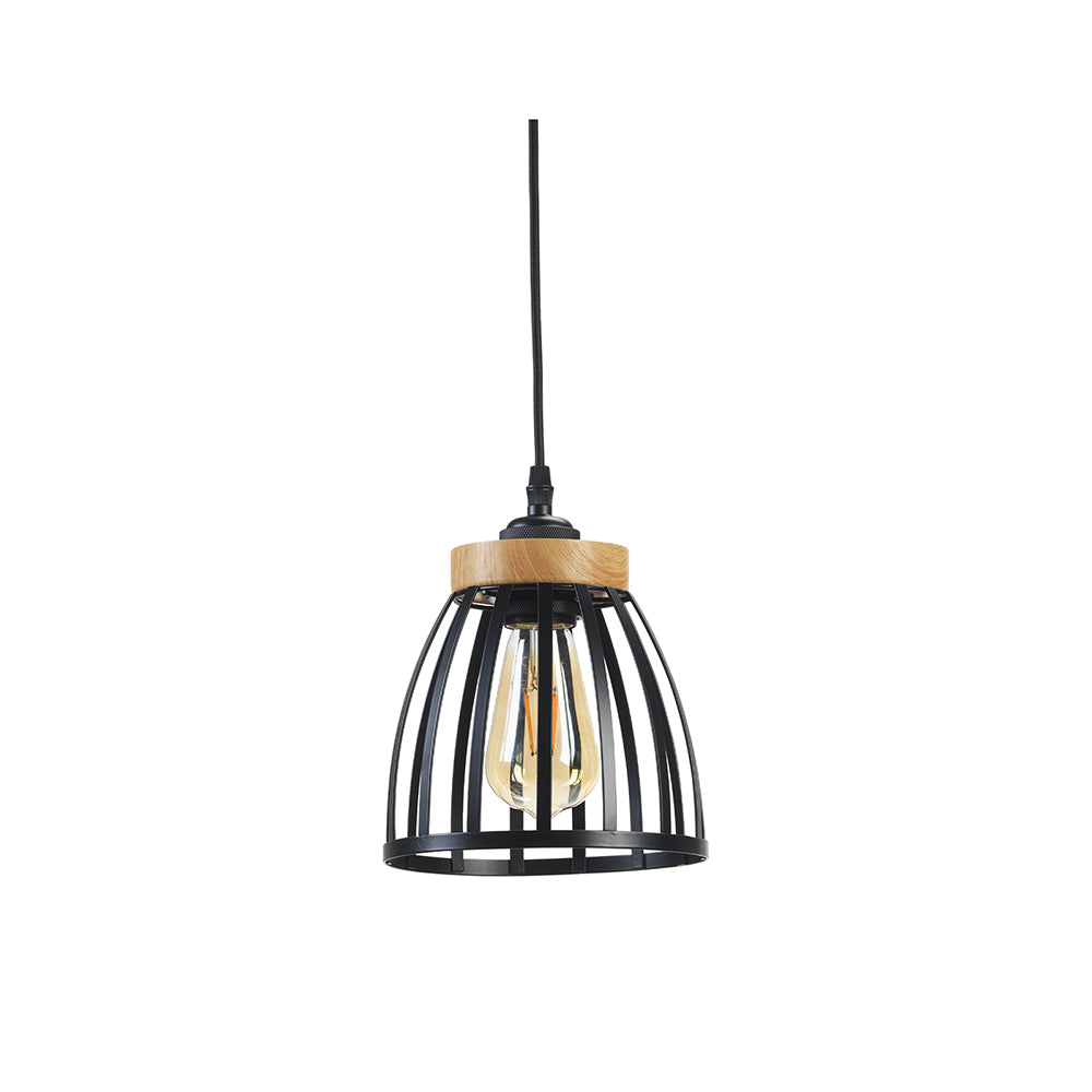 Pori Small Non Electric Pendant Shade in Matt Black Metalwork With Wood Effect Detailing