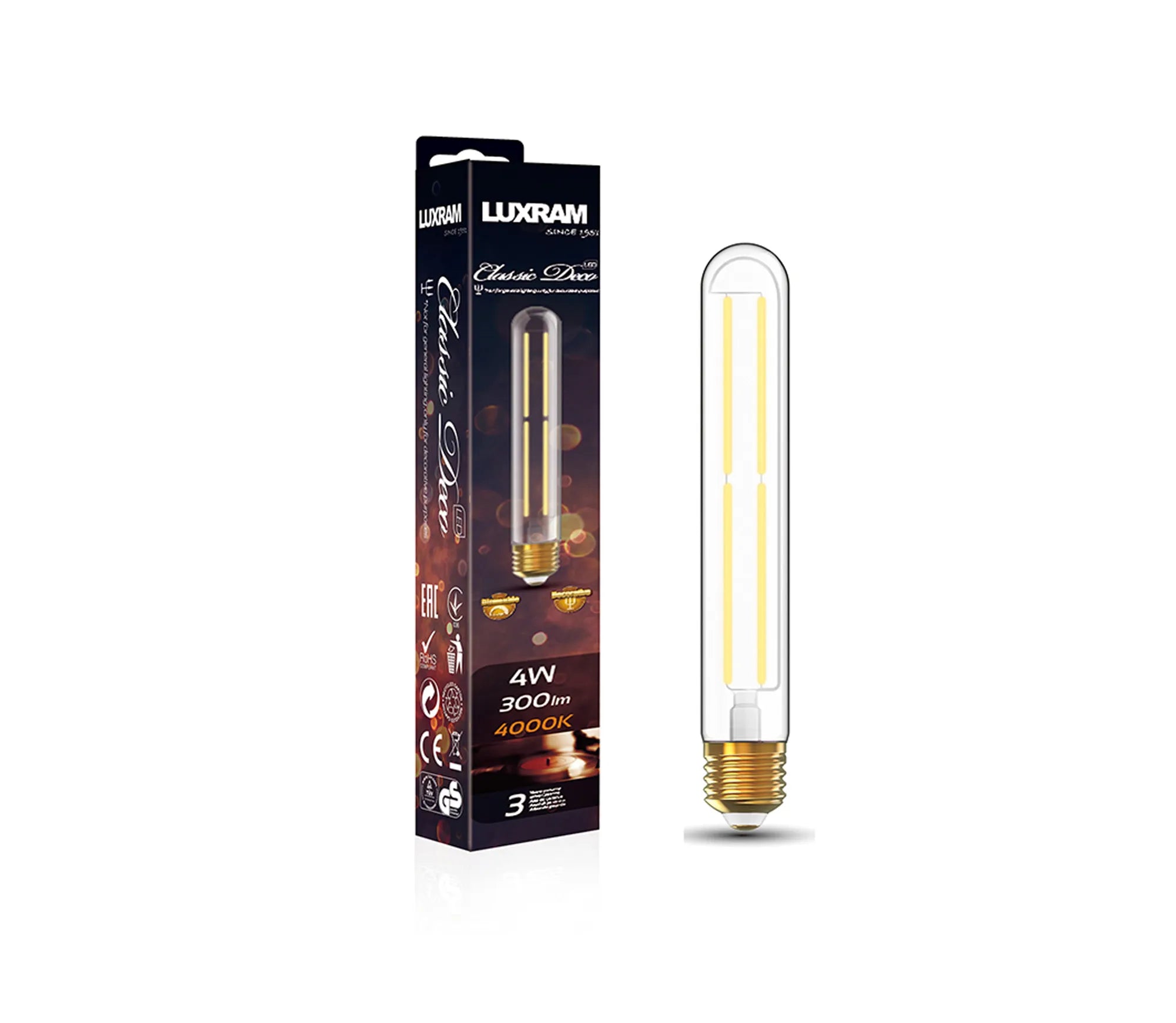 Classic Deco LED 185mm Tubular Line Radio Type Bulb, E27 Dimmable 4W, 300lm.