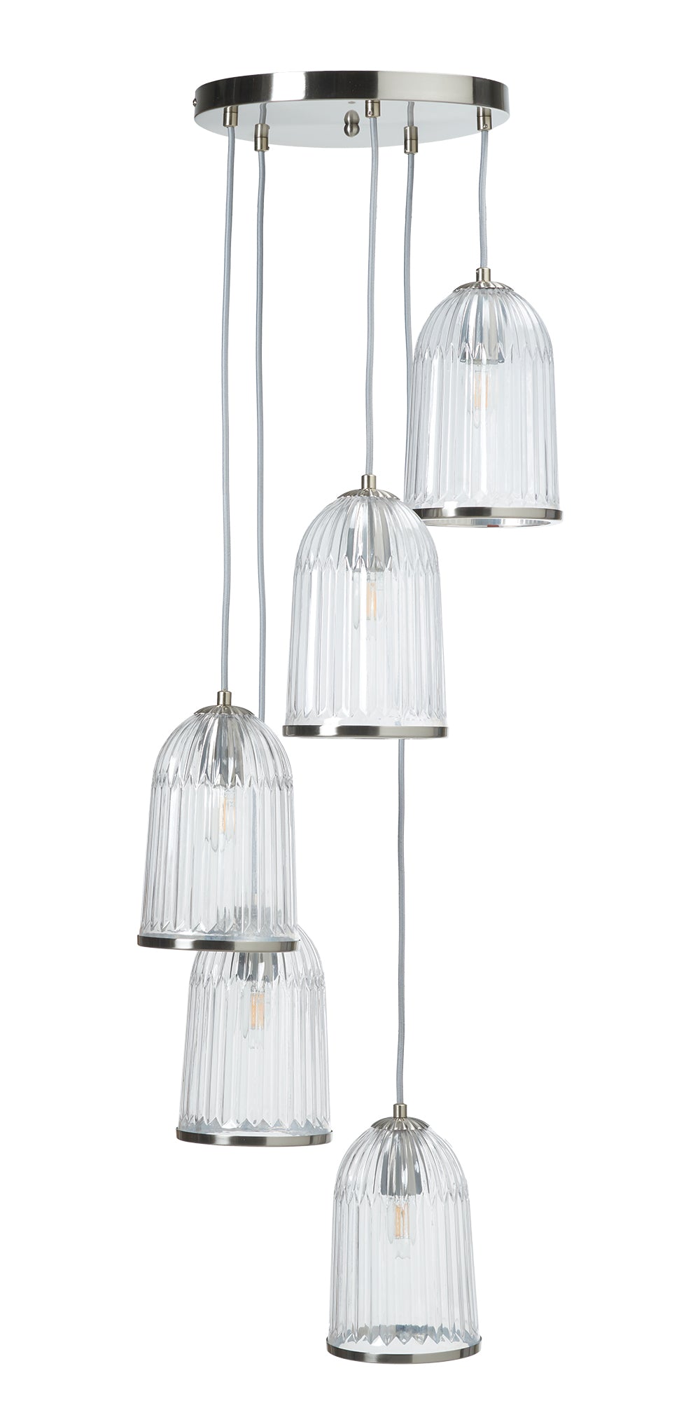 Stanley 5 Light Glass Spiral Multi Pendant With Satin Nickel Trim. 5x E27