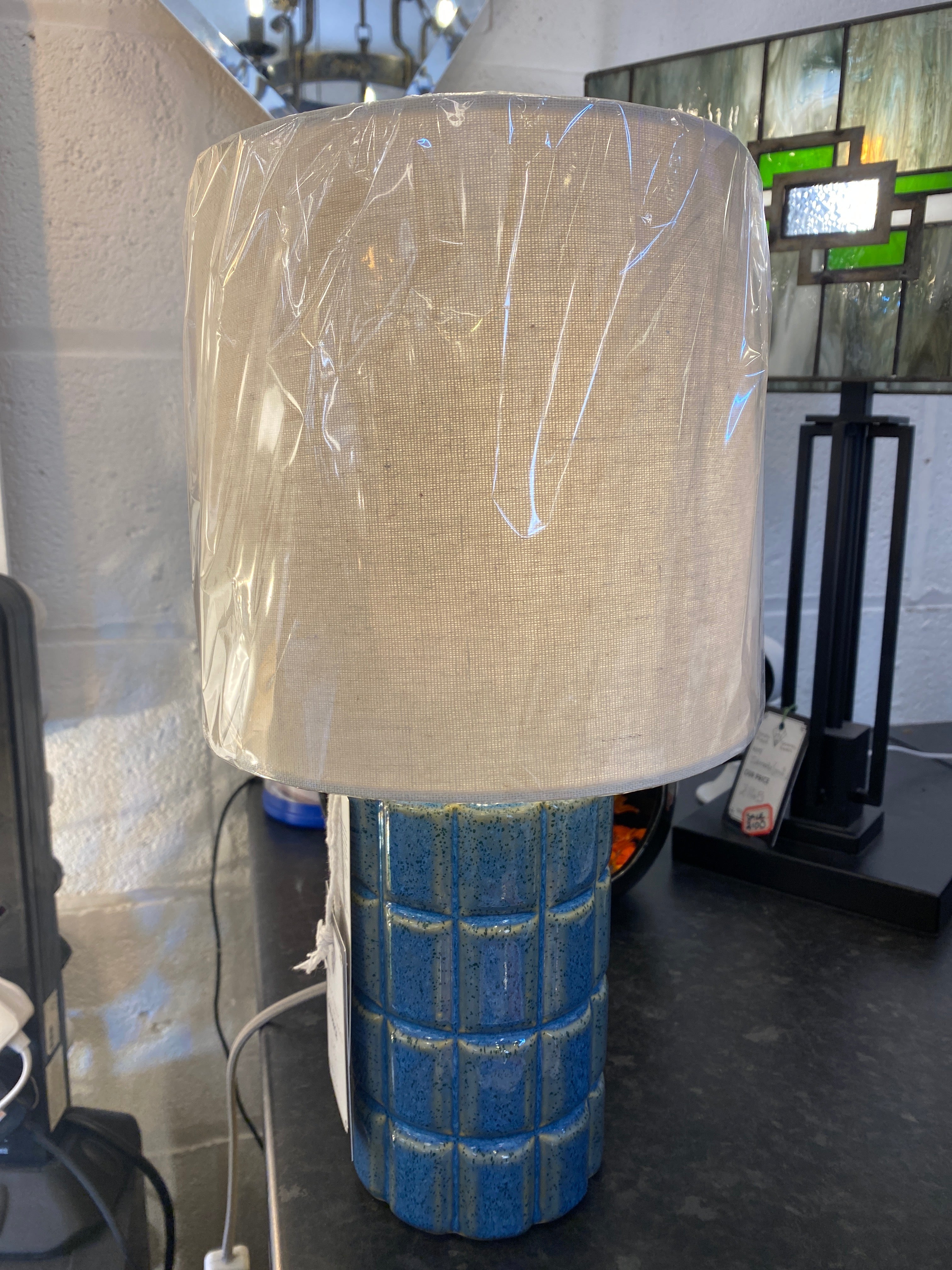 Blue Glazed Ceramic Table Lamp with Matching Linen Shade, 1 x E14