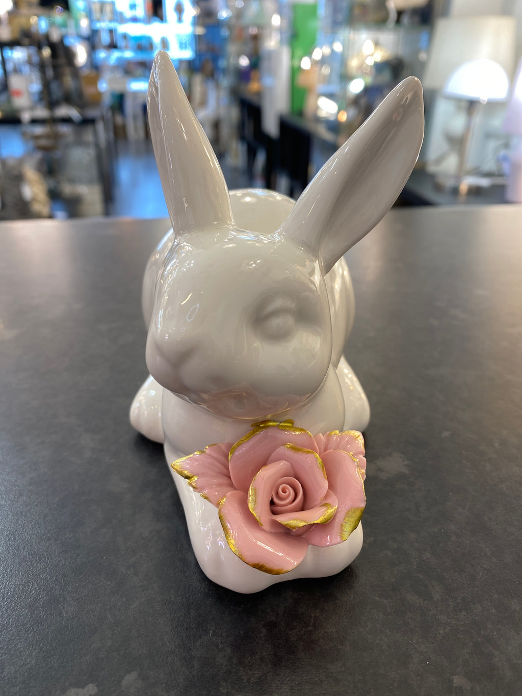 White Glazed Rabbit with Pink Gilt Rose